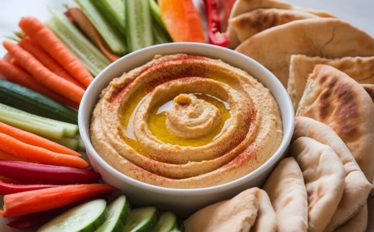 A bowl of hummus surrounded by vegetables.