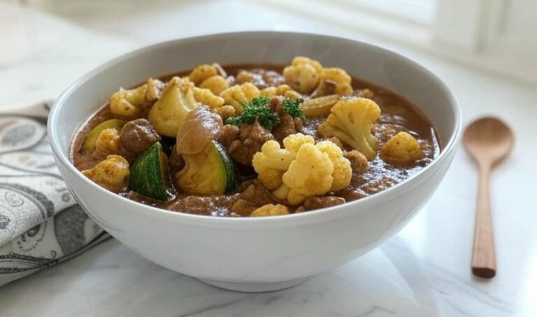 A bowl of beef stew with cauliflower.