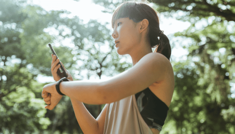 Woman in a sunlit park looking at her fitness watch.