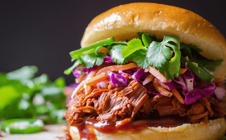 Close up photo of pulled pork barbeque on a brioche bun.