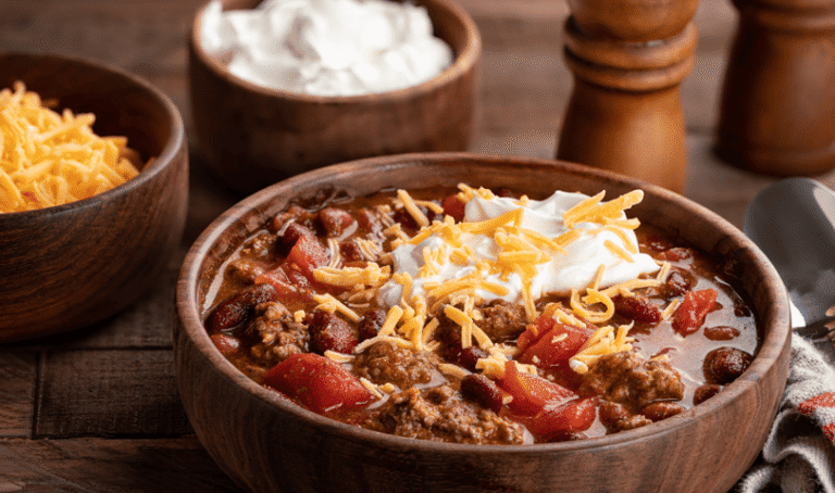Steaming bowl of chili with cheese and sour cream.