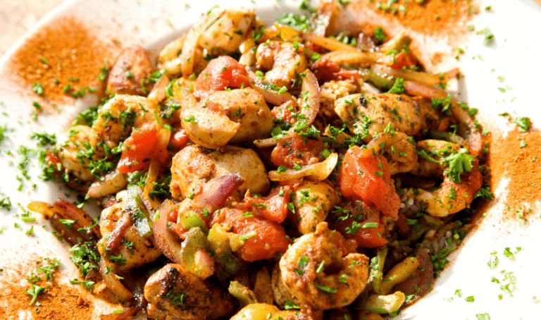 Closeup of Jambalaya with chicken, seafood, and sausage.