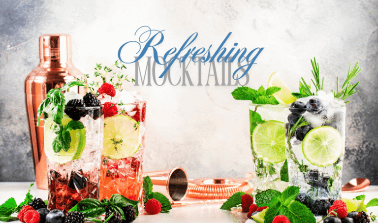 Glasses of fruity alcohol-free mocktails.