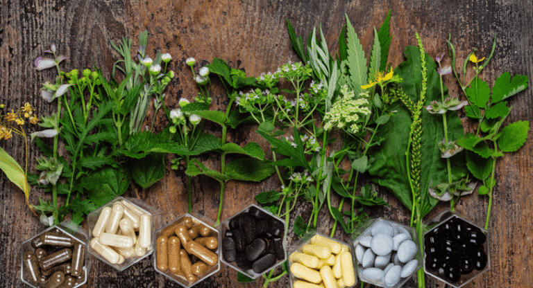 Natural herbs and supplements on a table.